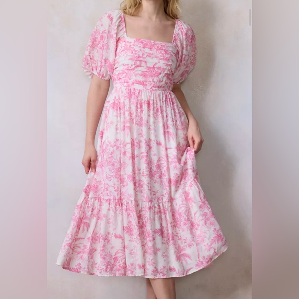 Square Neck Pleated Bodice Midi Dress